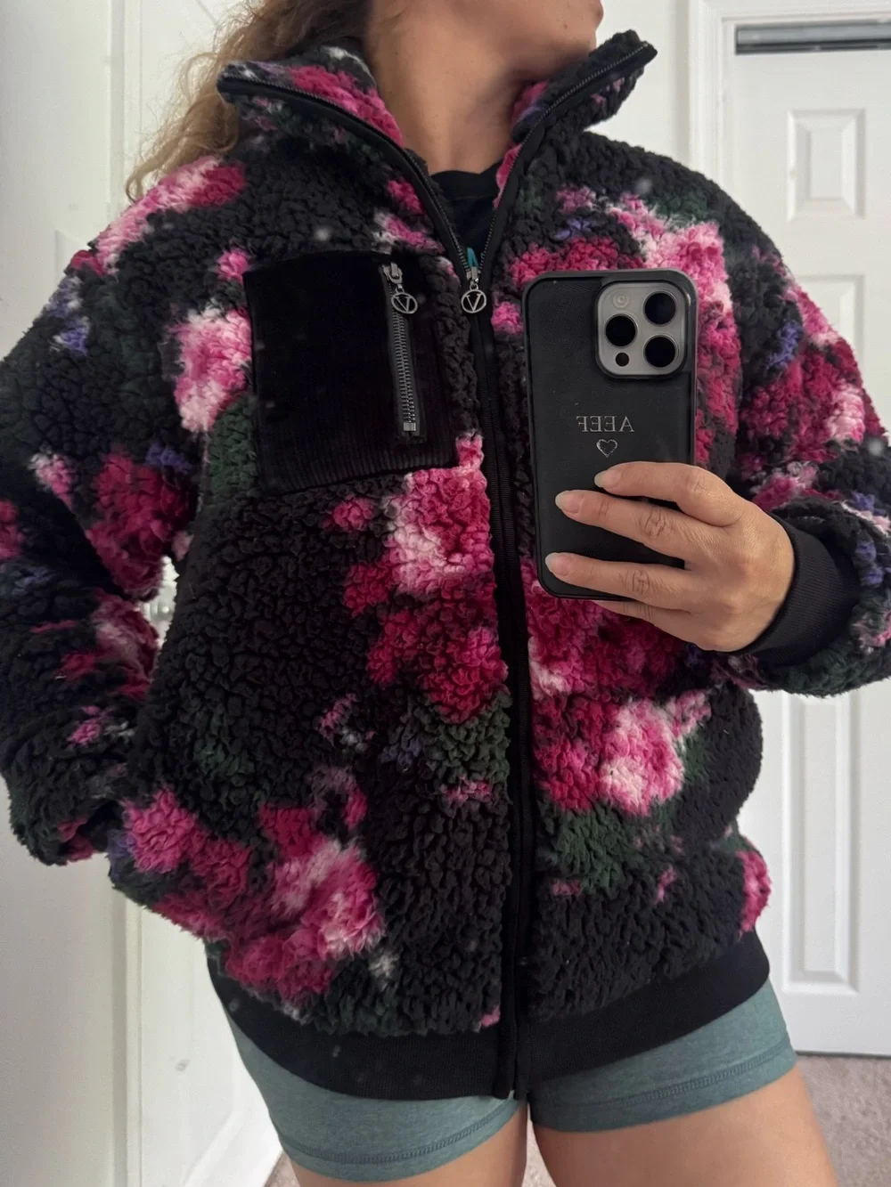 Victoria's Secret Black Sherpa Jacket with Pink Floral Print